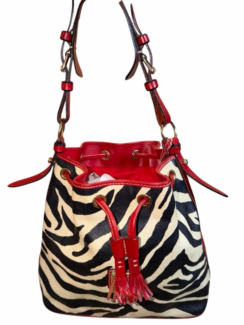 REHAB Dooney & Bourke Red Trim Zebra-Print Drawstring Bucket Bag - Picture 10 of 14